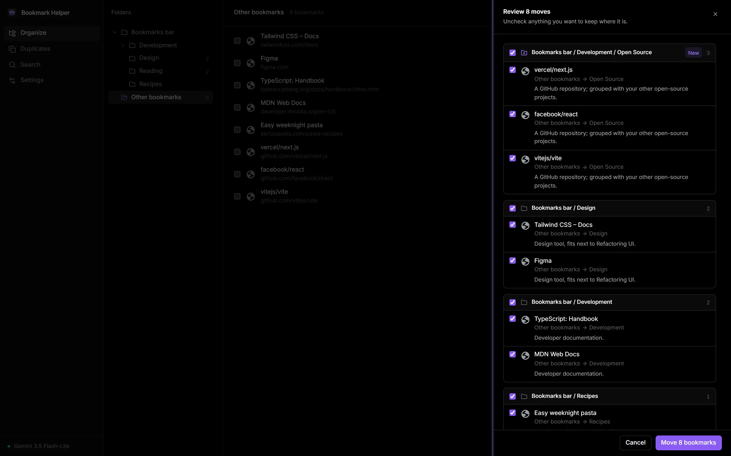 The full-page organizer with AI suggested moves grouped by destination folder.
