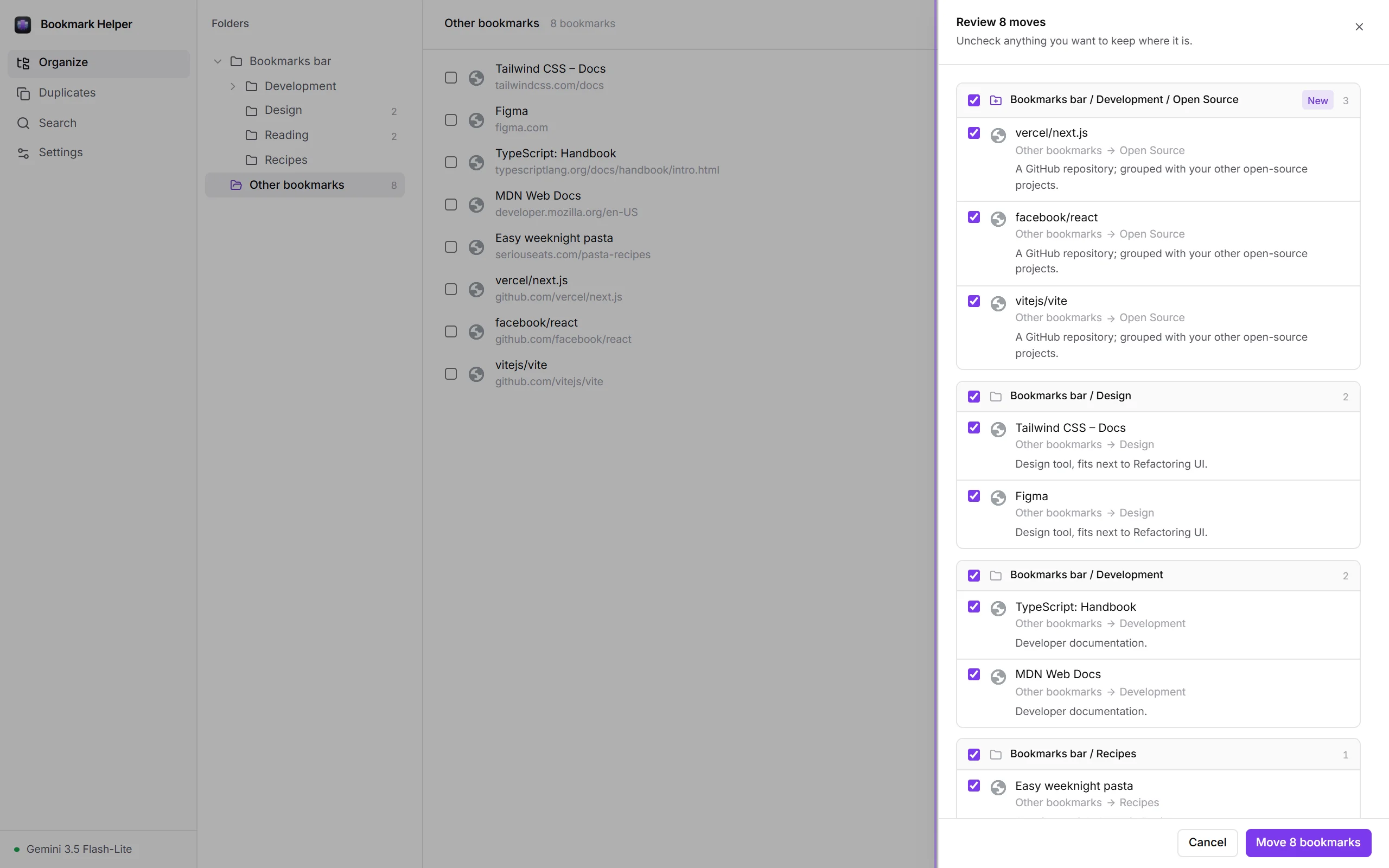 The full-page organizer with AI suggested moves grouped by destination folder.