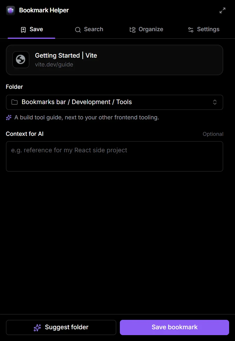The extension popup suggesting the Development / Tools folder for a Vite guide.