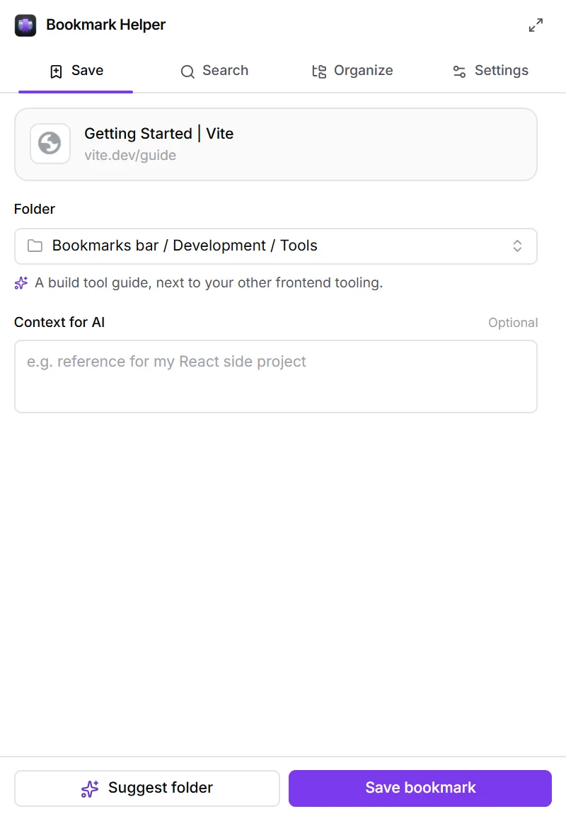 The extension popup suggesting the Development / Tools folder for a Vite guide.