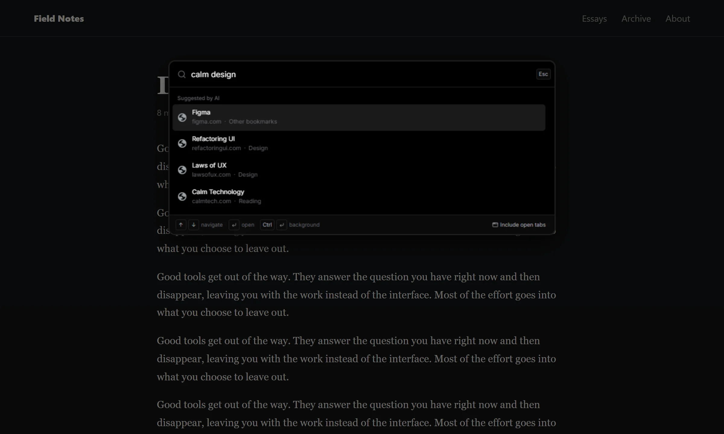 Quick search open over a web page, showing bookmarks AI found for the query “calm design”.