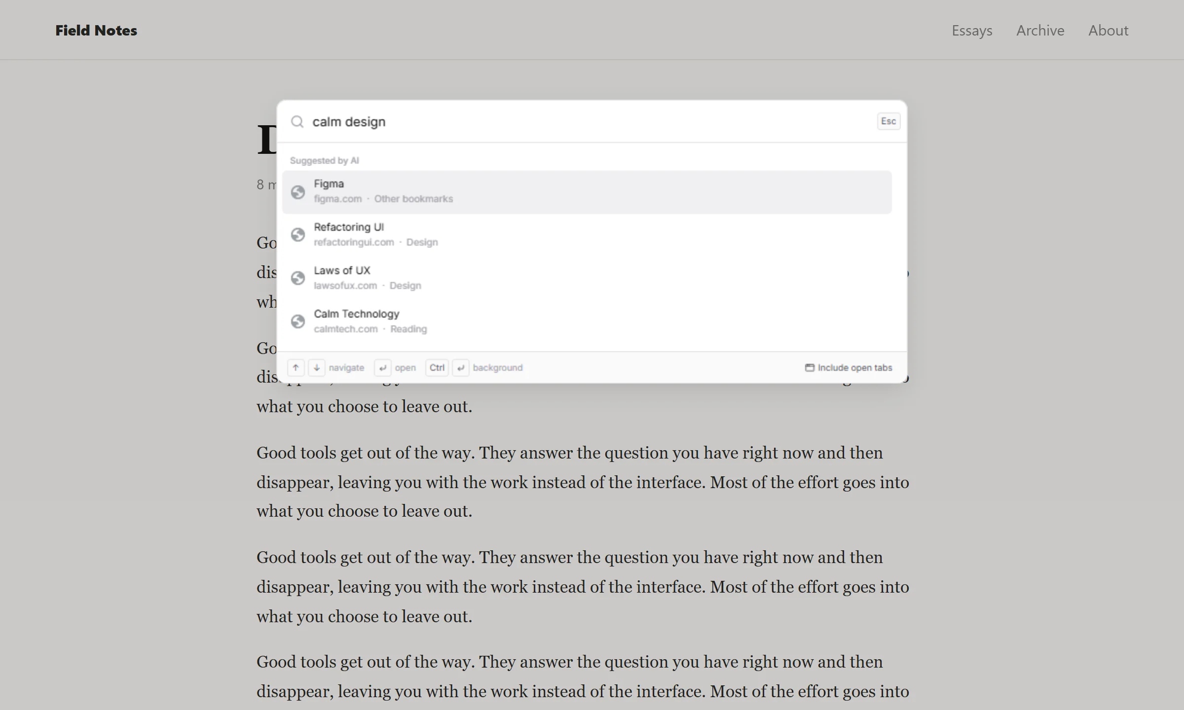 Quick search open over a web page, showing bookmarks AI found for the query “calm design”.